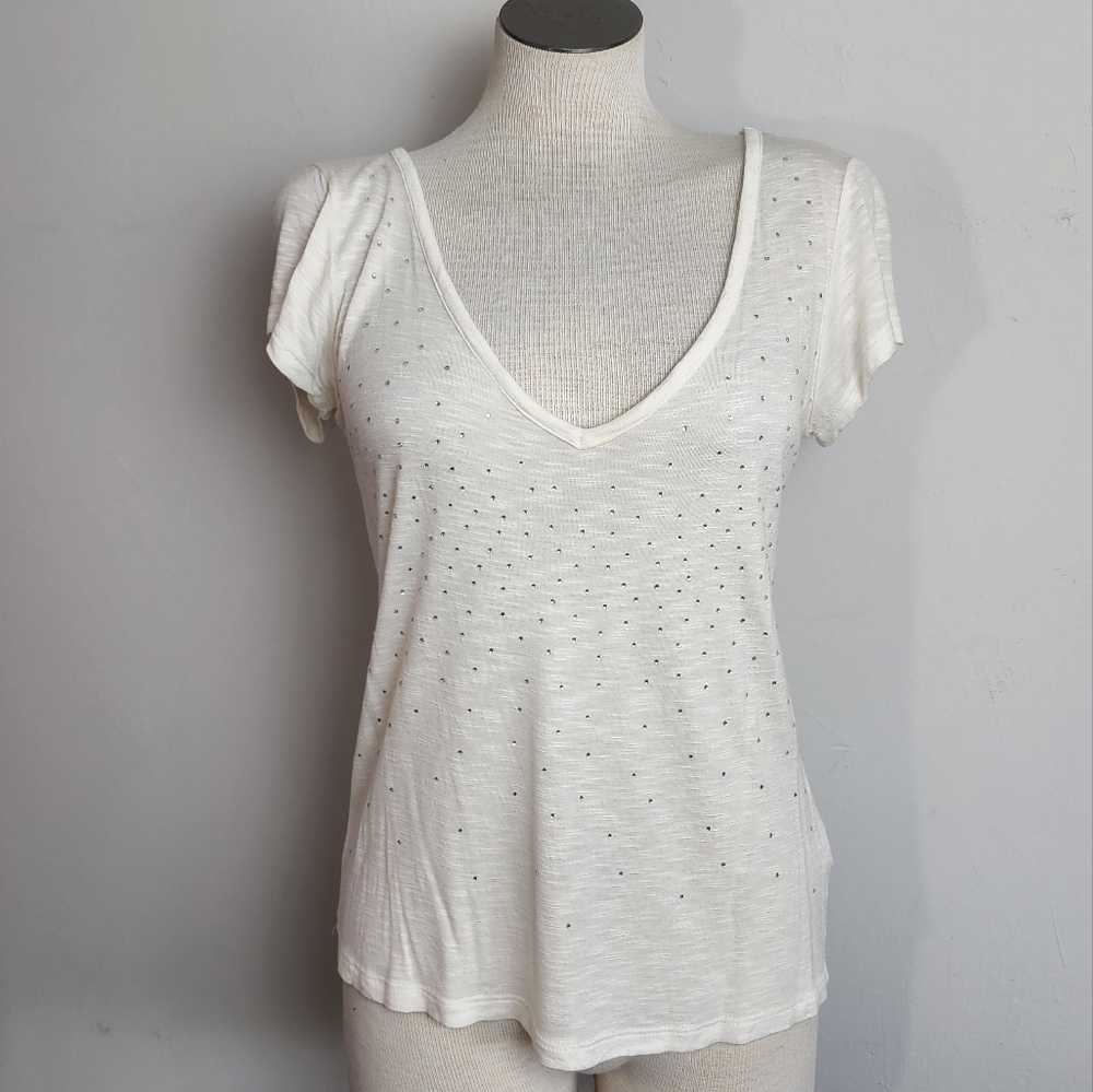 Charlotte Russe White V Neck Jewled Short Sleeve Women's Top Size M